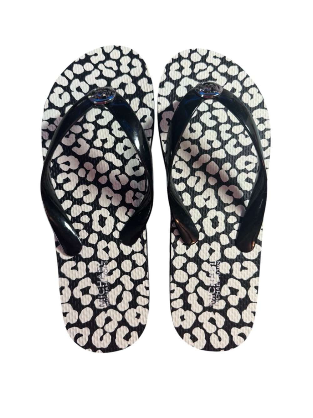 Michael Kors Black Strap Flip Flops with White & Black Leopard Print, Sz - Picture 2 of 3